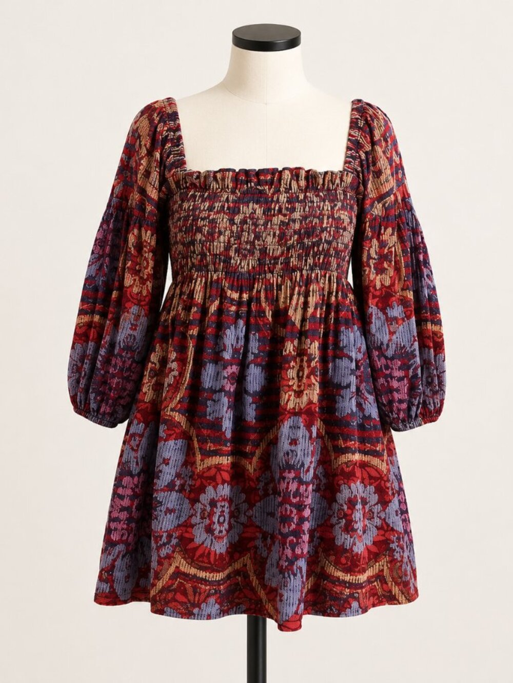 Free People Clara Corduroy Mini Dress XS Red Blue Floral Smocked Babydoll Boho